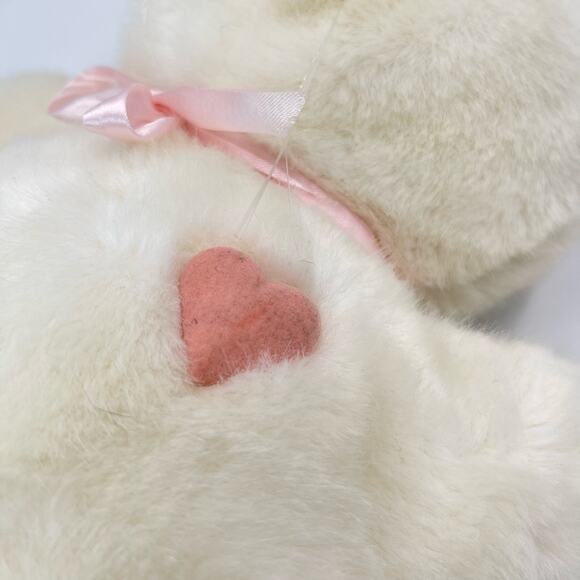 18" Vintage 1984 Dakin White Heart Throb Bunny Plush Pink Ribbon Flat Rabbit - Picture 3 of 10